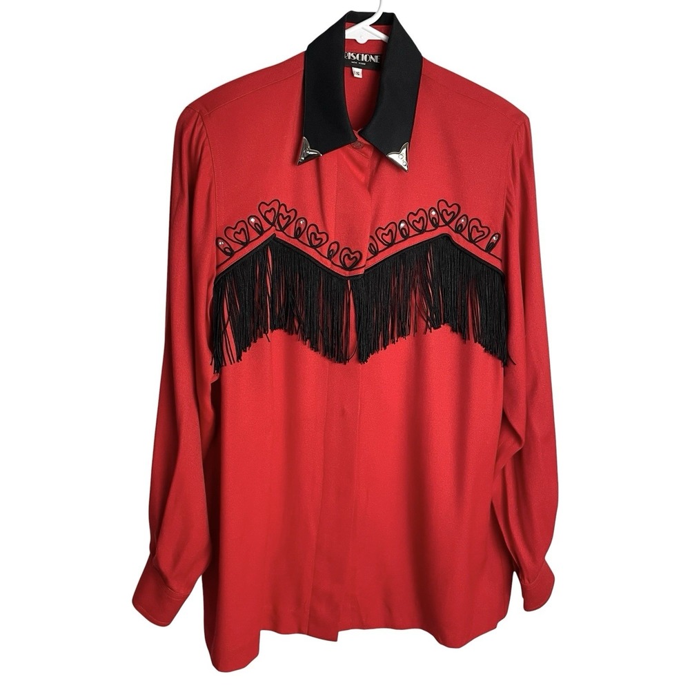 Vintage 80s Criscione Womens Fringed Western Shirt Size S Red Rhinestone Cowgirl
